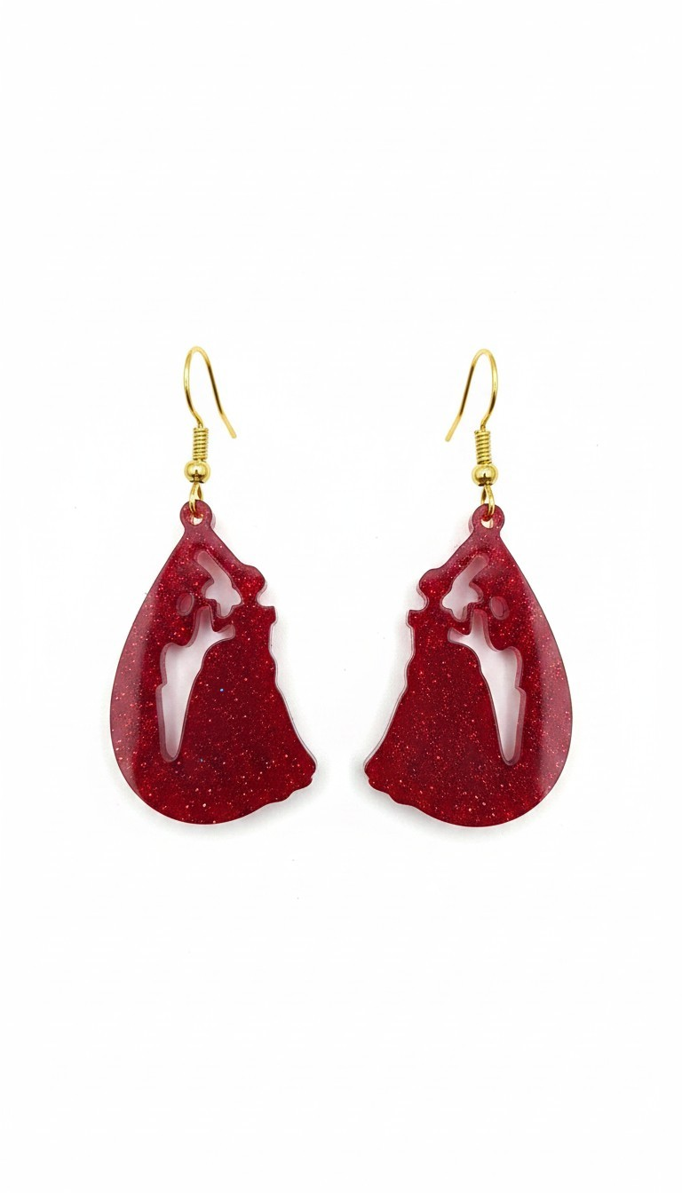 Midnight Romance Teardrop Earrings – Crimson Glitter & Glow-in-the-Dark Silhouette