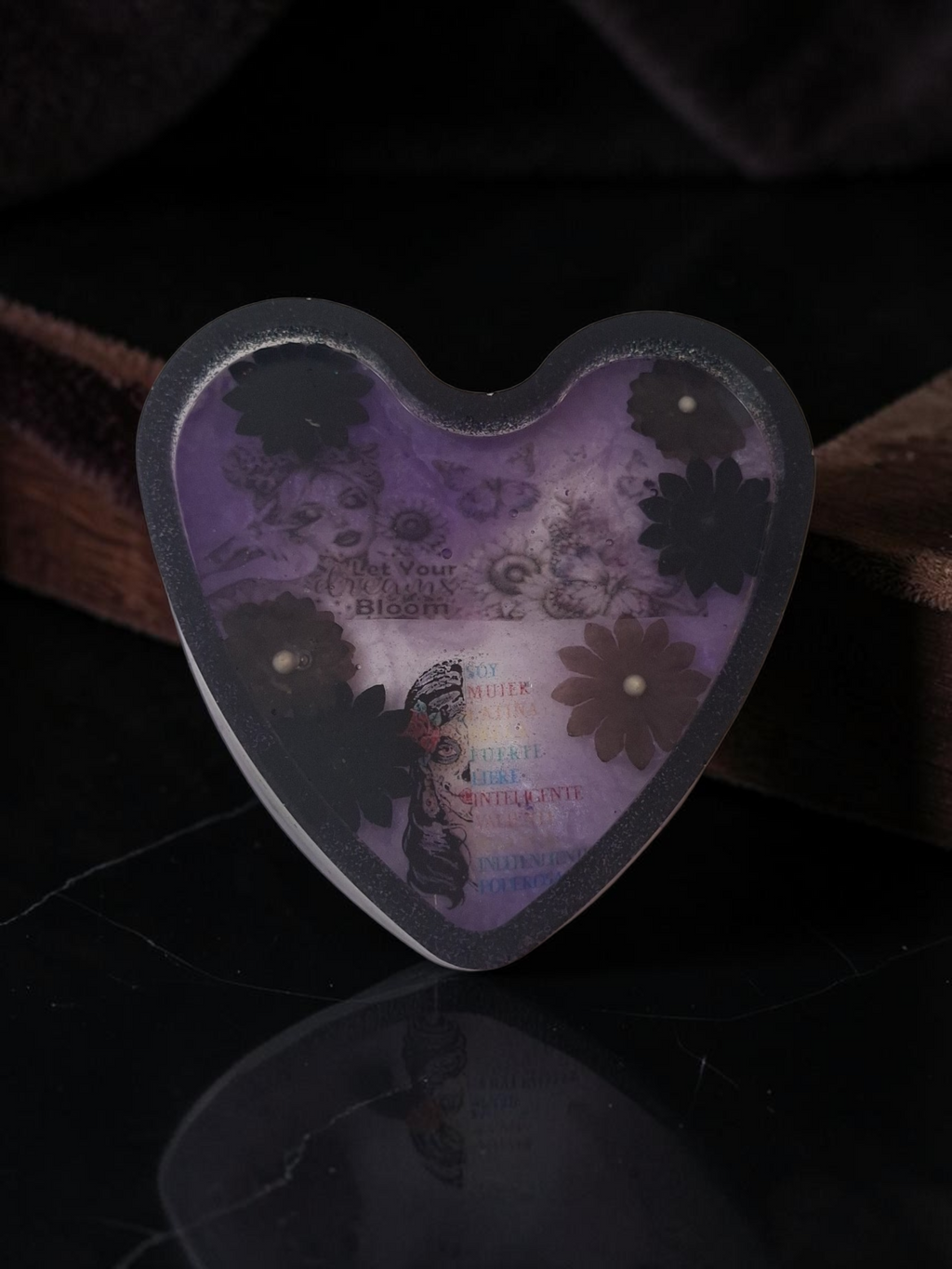 Handcrafted Heart-Shaped Resin Coaster – Latina Empowerment & Gothic Floral Design
